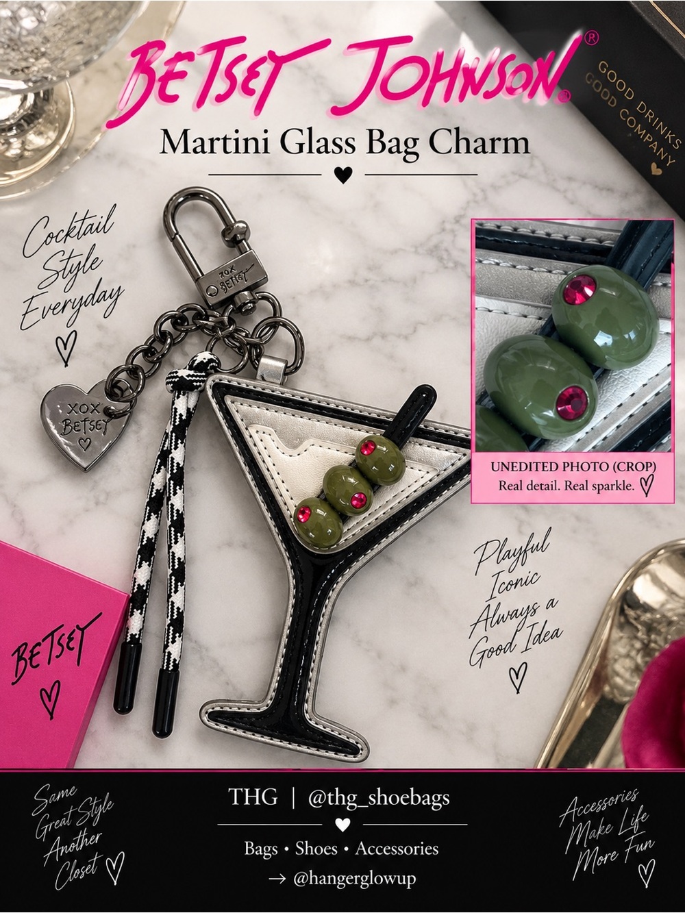 Betsey Johnson Martini Glass Rhinestone Bag Charm Keychain NEW